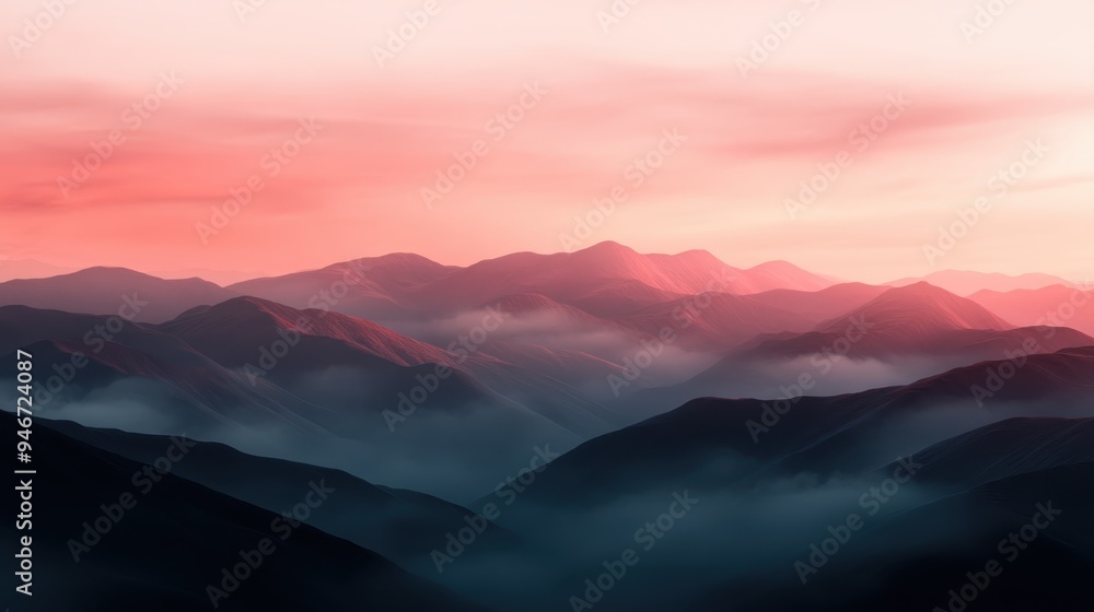 A dreamy landscape featuring pink-tinged mountains and mist-covered valleys at dusk, evoking a sense of calm and wonder with its surreal and ethereal beauty. A dreamy landscape featuring pink-tinged mountains and mist-covered valleys at dusk, evoking a sense of calm and wonder with its surreal and ethereal beauty.