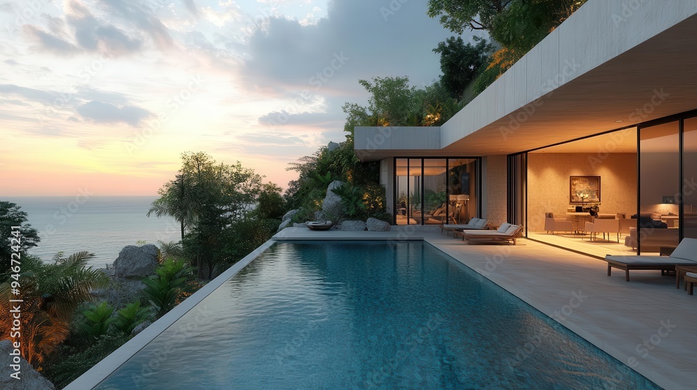 Fototapeta premium luxury tropical infinity pool at sunset modern architecture lush greenery ambient lighting panoramic ocean view