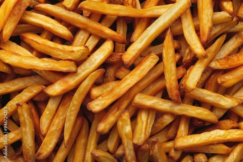 Close up view of a pile of crispy golden french fries, perfect for showcasing fast food indulgence