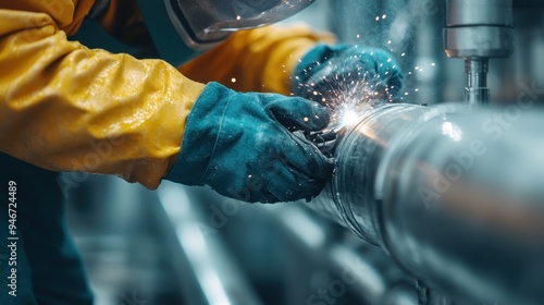 An industrial worker wearing protective gloves and gear welds a steel pipe, with sparks flying around, capturing the intensity and skill of the welding process.