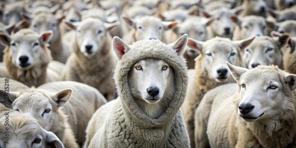 Obraz premium Wolf in Sheep's Clothing, Close-up, Sheep, Fur, Deception, wolf, sheep
