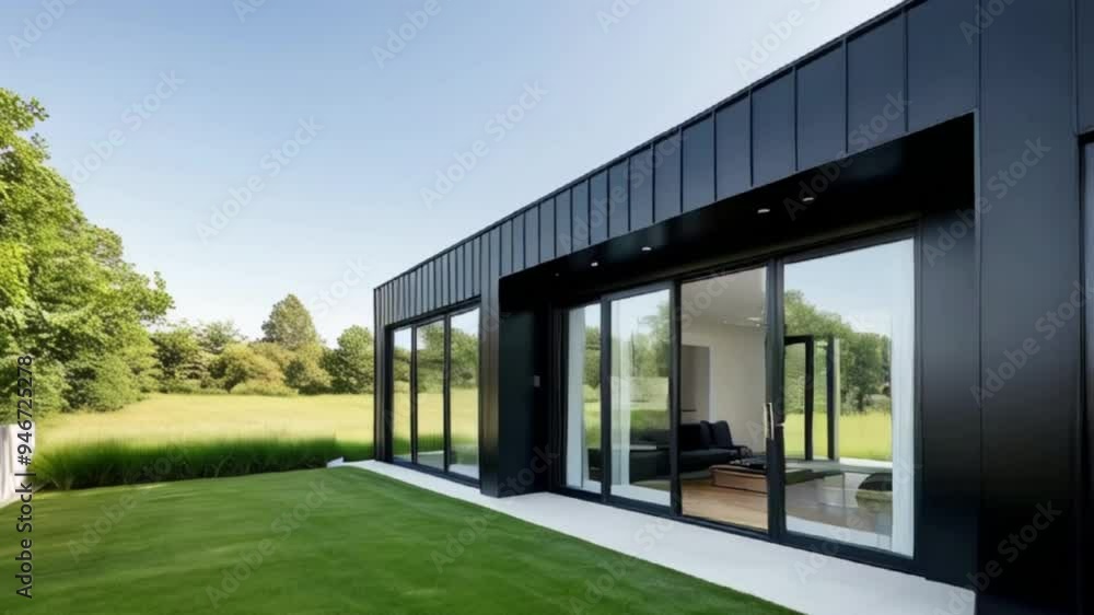 Outdoors outside exterior luxury black house or home modern architecture design with large glass doors and windows, grass meadow backyard. Residential real estate property, generative ai Outdoors outside exterior luxury black house or home modern architecture design with large glass doors and windows, grass meadow backyard. Residential real estate property, generative ai