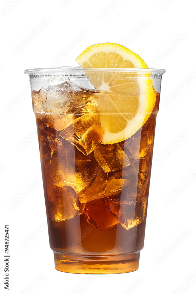 Ice tea on plastic cup with lemon, side view isolated on transparent background Ice tea on plastic cup with lemon, side view isolated on transparent background
