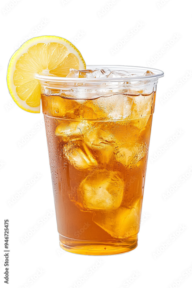 Ice tea on plastic cup with lemon, side view isolated on transparent background