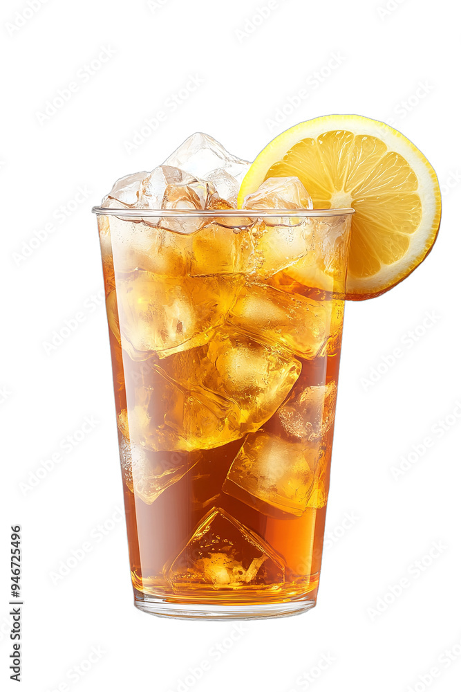 Ice tea on plastic cup with lemon, side view isolated on transparent background Ice tea on plastic cup with lemon, side view isolated on transparent background