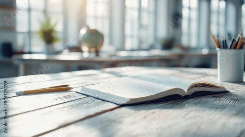 An open book rests on a wooden desk beside a pencil, bathed in natural sunlight from large windows, embodying a calm and inspiring environment perfect for reading or writing. photo