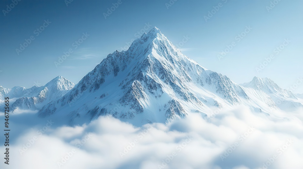 majestic snowcapped mountain peak emerging from a sea of fluffy white clouds isolated against pure white background conveying serenity and grandeur majestic snowcapped mountain peak emerging from a sea of fluffy white clouds isolated against pure white background conveying serenity and grandeur