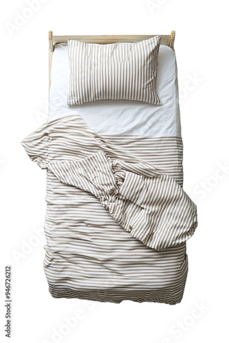 Obraz na płótnie Single Bed With Striped Linen. Top view. isolated on white background w salonie