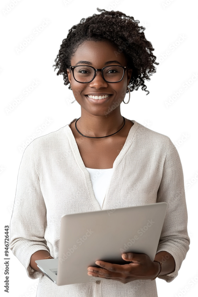 woman with glasses holding laptop while smiling on transparent background
