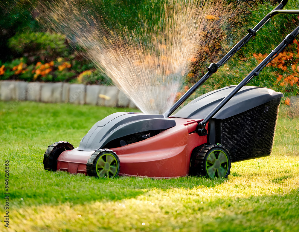 Fototapeta premium A man is using a lawn mower to cut the grass