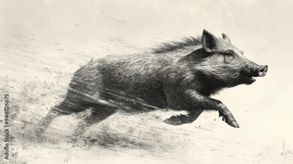 Dynamic Black and White Wild Boar Running Generative AI