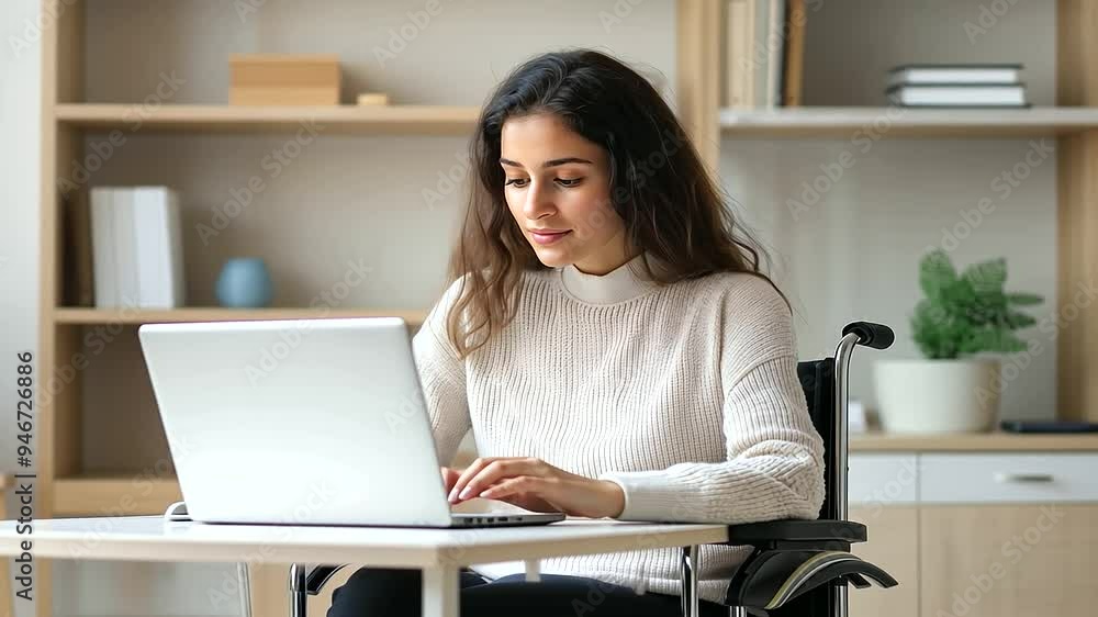 Determined young woman in a wheelchair typing on her laptop in a bright, comfortable home office. Determined young woman in a wheelchair typing on her laptop in a bright, comfortable home office.