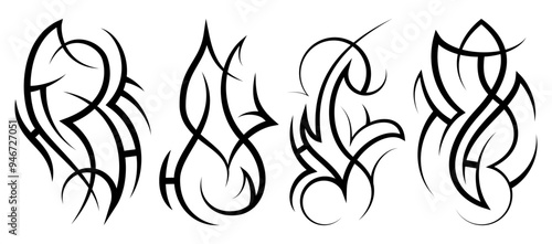 Neo abstract tribal tattoo set. Vertical black shoulder tattoo. Cyber sigilism style hand drawn ornament. Celtic gothic sleeve ornament shapes. Maori ethnic signs isolated on white background. Sketch