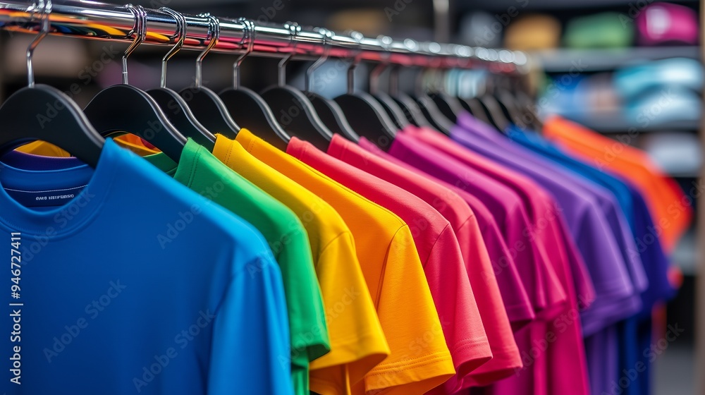 A vibrant display of colorful t-shirts hanging on a rack in a retail setting. A vibrant display of colorful t-shirts hanging on a rack in a retail setting.