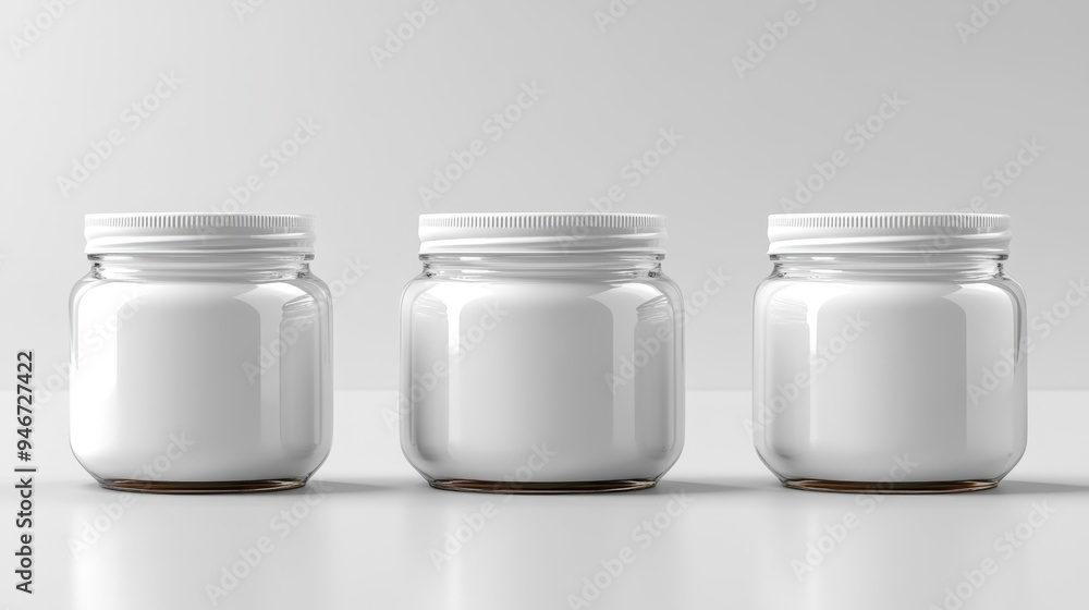 Three empty glass jars with white lids Generative AI Three empty glass jars with white lids Generative AI