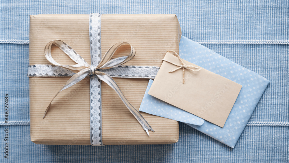 A flat lay of a beautifully wrapped gift with a ribbon and a handwritten note A flat lay of a beautifully wrapped gift with a ribbon and a handwritten note