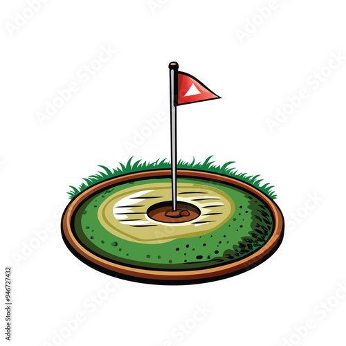 Generate a highly detailed vector image of a golf course with a flag, green grass, and a hole in the ground.