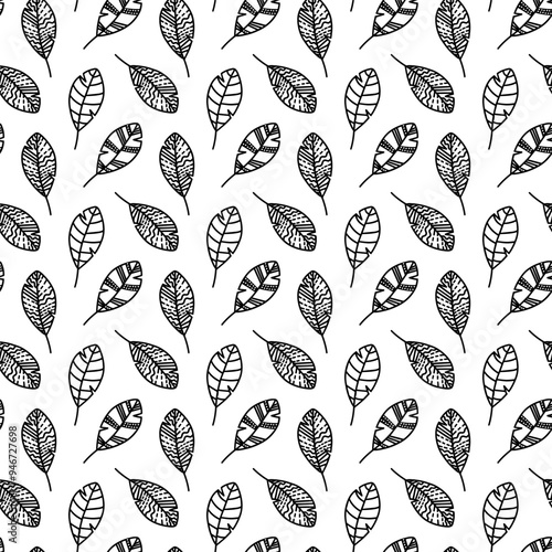 Vector hand drawn autumn seamless pattern leaves isolated on white background. Doodle fall leaves for seasonal design, textile, greeting card, wrap in line art style. Adult and kids coloring page