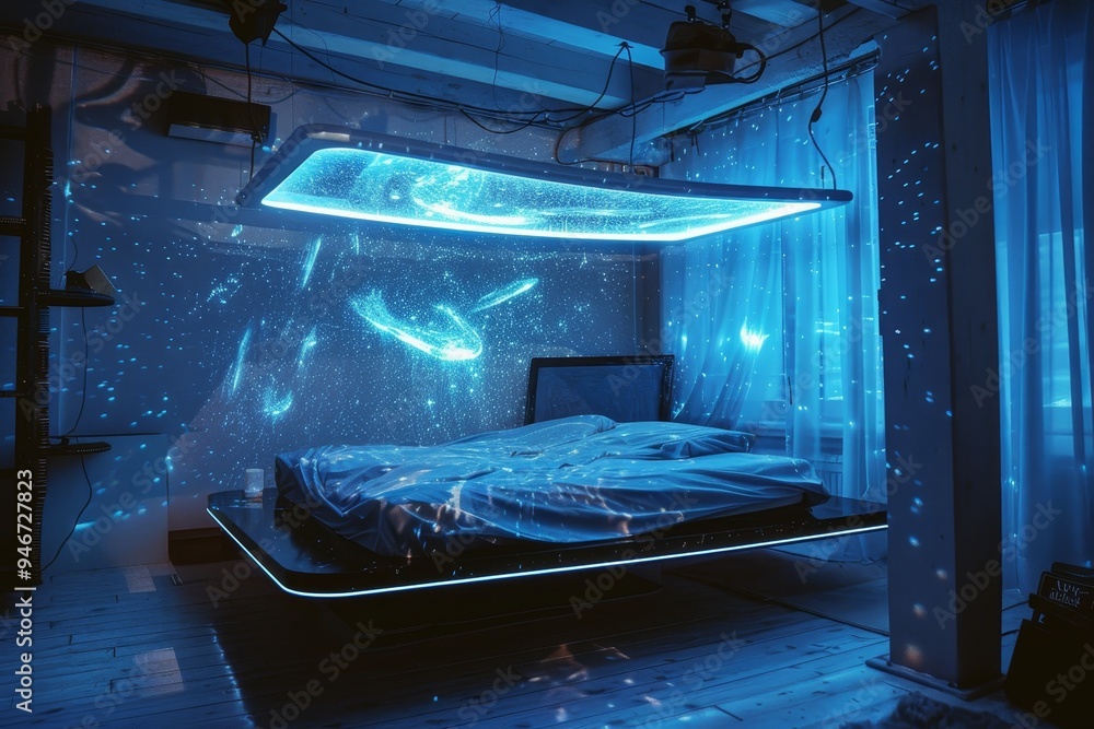An otherworldly bedroom with floating bed and interactive light projections An otherworldly bedroom with floating bed and interactive light projections