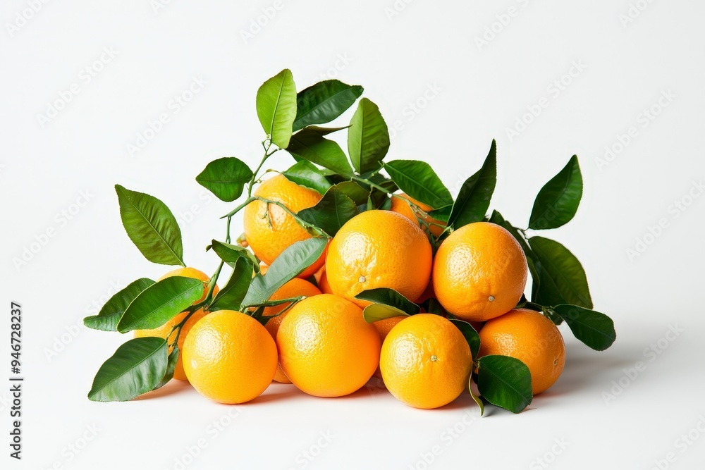 A cluster of fresh oranges with green leaves arranged on a white background. A cluster of fresh oranges with green leaves arranged on a white background.