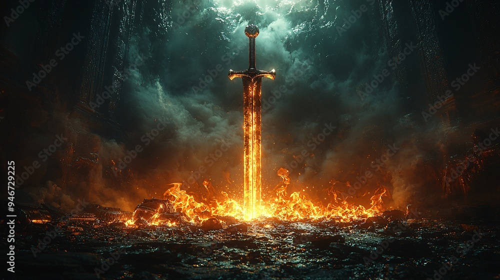 An imposing sword with a flaming blade, placed on an altar in an ancient, mysterious temple An imposing sword with a flaming blade, placed on an altar in an ancient, mysterious temple