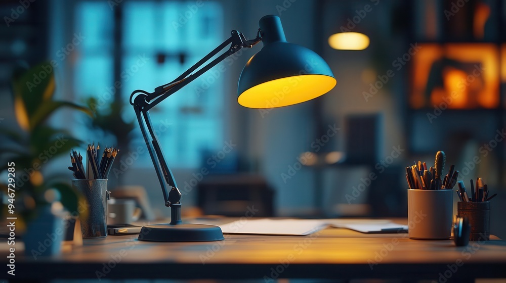 Desk lamp with adjustable arm illuminating a workspace Desk lamp with adjustable arm illuminating a workspace