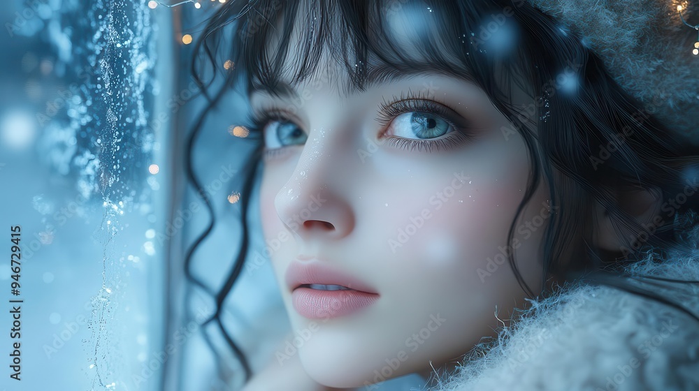 mythical elaphocentaur half woman half deer gazing wistfully through frosted window at snowy winter landscape delicate antlers adorned with twinkling fairy lights mythical elaphocentaur half woman half deer gazing wistfully through frosted window at snowy winter landscape delicate antlers adorned with twinkling fairy lights