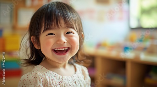 Beautiful 4 year old Japanese girl smiling on her first day of back to school inside the classroom