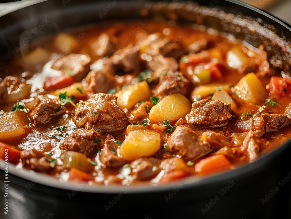 Dutch oven simmering a stew, with rich flavors developing Dutch oven simmering a stew, with rich flavors developing