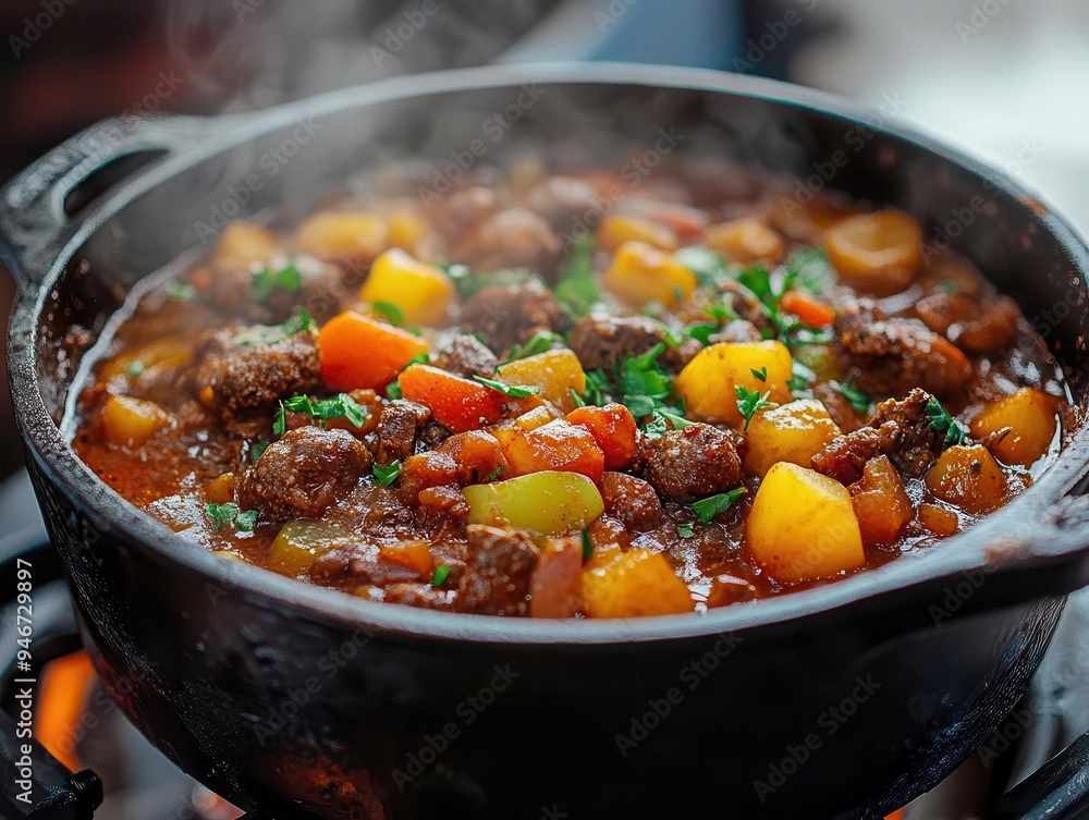 Dutch oven simmering a stew, with rich flavors developing Dutch oven simmering a stew, with rich flavors developing