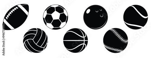 various simple stylized black sports balls silhouettes set basketball baseball volleyball football soccer bowling tennis ball