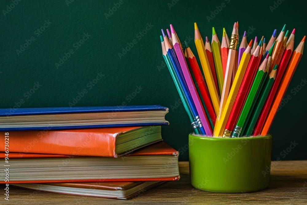 Concept of education and reading - colorful books on the wooden table in a classroom, blackboard behind Concept of education and reading - colorful books on the wooden table in a classroom, blackboard behind