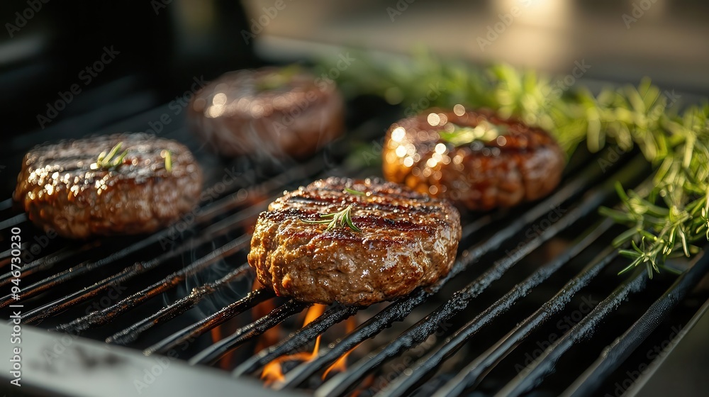 Electric grill on a patio, grilling burgers for a summer barbecue Electric grill on a patio, grilling burgers for a summer barbecue