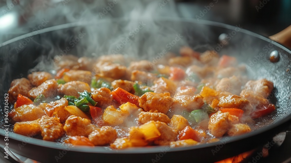 Electric skillet cooking a stir-fry, with steam rising from the food Electric skillet cooking a stir-fry, with steam rising from the food