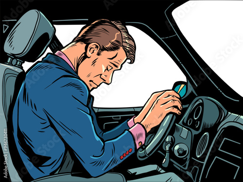 Pop Art Retro A man fell asleep in a car while driving. Fatigue from overwork and incredible workload. The danger of inattention and negligence on the roads.
