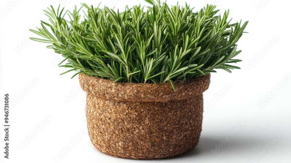 Rosemary plant in a textured pot isolated on a white background Generative AI Rosemary plant in a textured pot isolated on a white background Generative AI