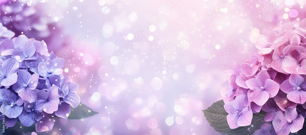 Blooming spring flowers with bokeh effect blurred background. Purple and pink hortensia flower concept. Blooming spring flowers with bokeh effect blurred background. Purple and pink hortensia flower concept.