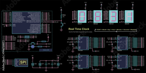 Vector schematic diagram of electronic device on arduino. Data transmission via the spi interface.
Real time clock on the basis of microcontroller and
seven-segment indicators. Array of capacitors.