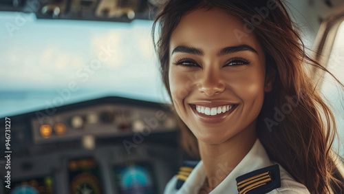 Pacific Islander Woman Airline Pilot - pilot, female, cockpit, airplane, aviation, smile, professional, uniform, aircraft, flight deck, captain, aviator, bright, cheerful, confident photo