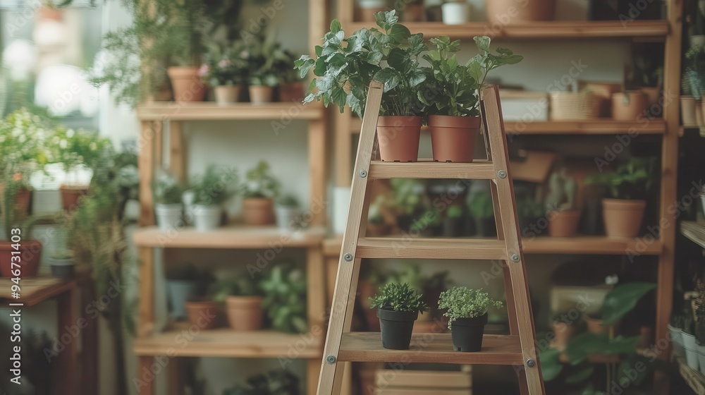 Fototapeta premium Folding ladder in use, helping reach high shelves