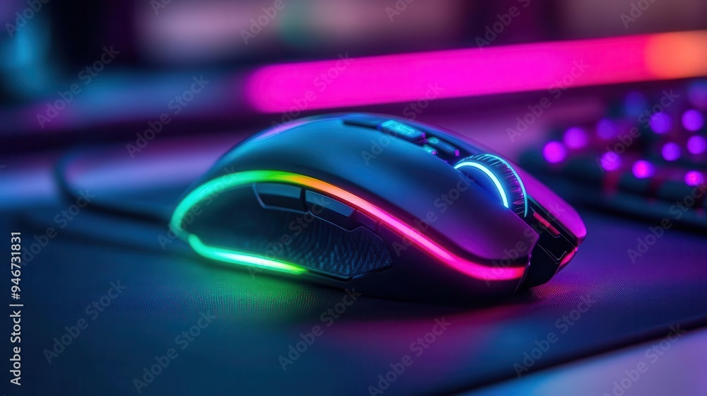Gaming mouse with RGB lighting, sitting on a mouse pad Gaming mouse with RGB lighting, sitting on a mouse pad