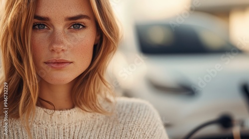 A young woman with freckles wears a cozy knit sweater, posing outdoors in soft, natural light, offering a serene and thoughtful expression, representing simplicity and beauty.