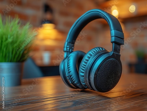 Headphones with microphone resting on a desk, ready for a virtual meeting