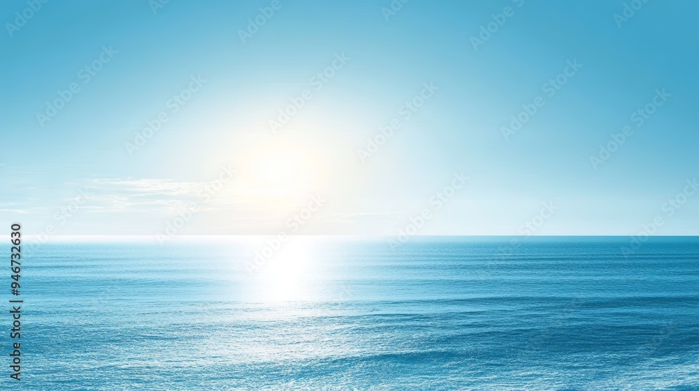 Fototapeta premium Abstract blue seascape background with calm water and bright glow in 3D, simple wallpaper in blue color