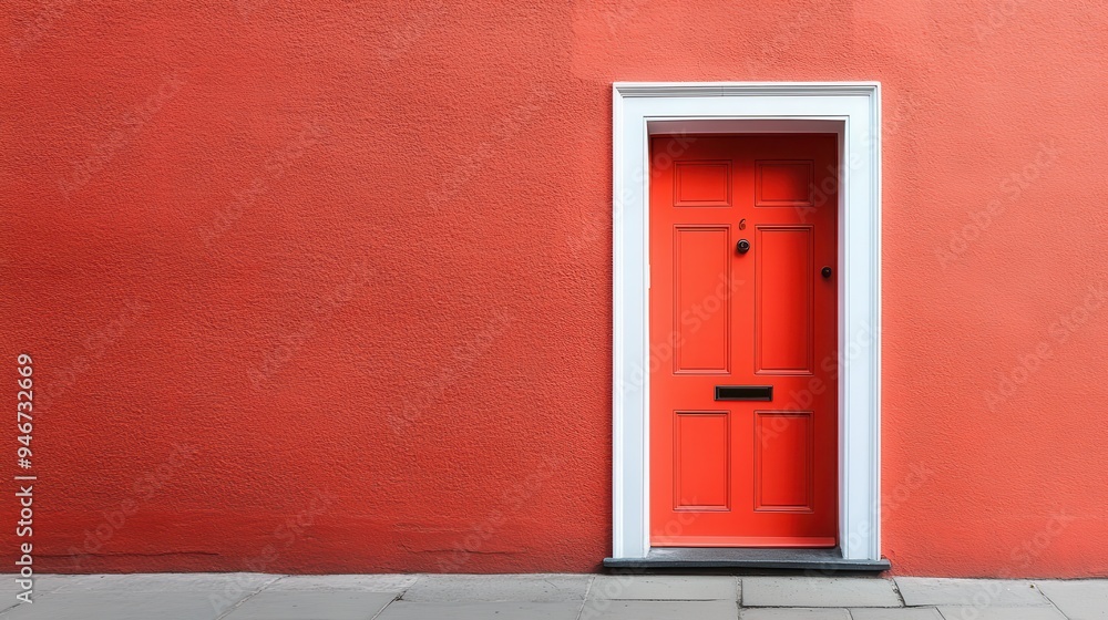 A striking image showing a single red door set against a plain brick-red wall, with minimalistic design elements, representing simplicity and bold color choices in modern architecture. A striking image showing a single red door set against a plain brick-red wall, with minimalistic design elements, representing simplicity and bold color choices in modern architecture.