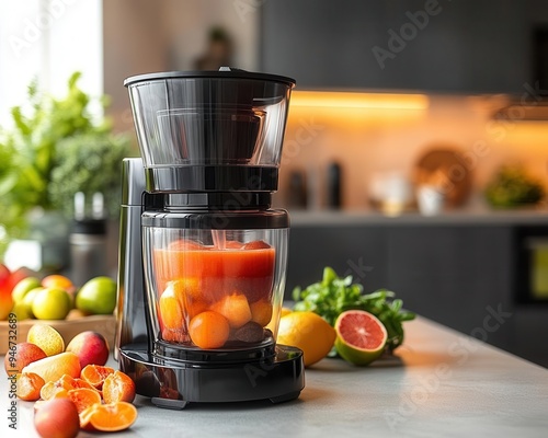Juicer with fruits on a kitchen counter, ready to make fresh juice