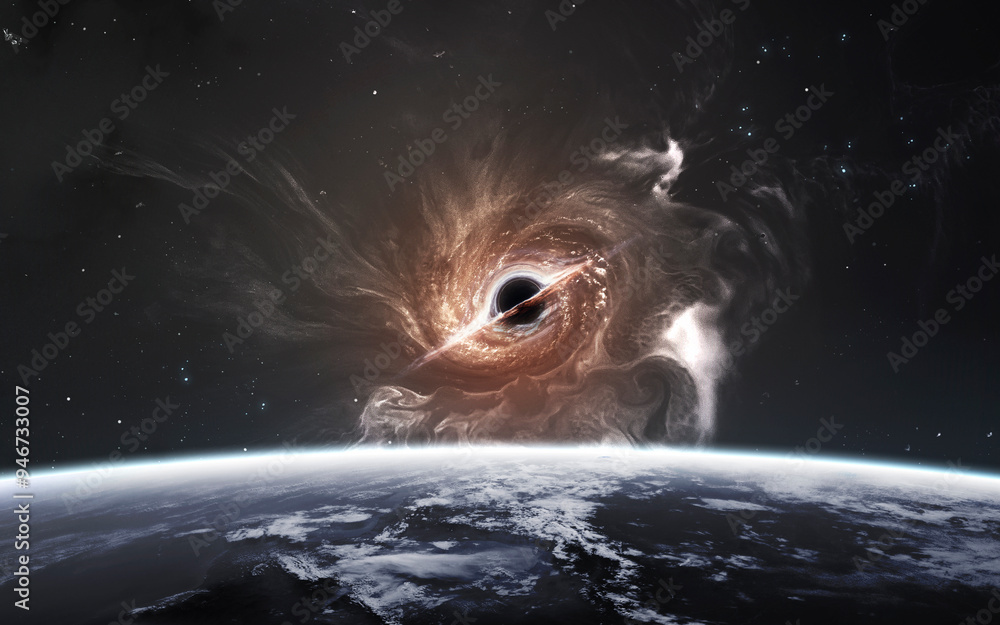 3D illustration of spiral galaxy and black hole in deep space. High quality digital space sci-fi art in 5K - realistic visualization
