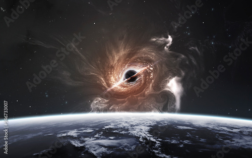 Obraz na płótnie 3D illustration of spiral galaxy and black hole in deep space. High quality digital space sci-fi art in 5K - realistic visualization w salonie