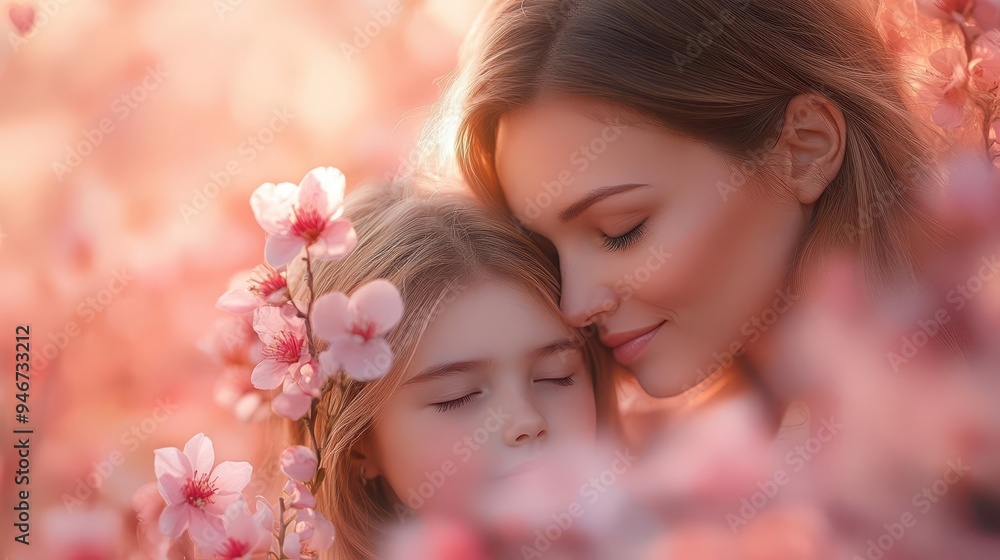 Fototapeta premium radiant motherdaughter embrace amidst a cascade of blooming flowers soft pastel hues bathe the scene in warmth with delicate butterflies and heartshaped bokeh lights adding a touch of magic
