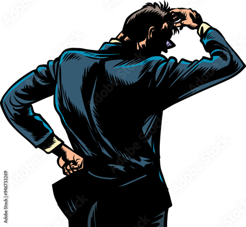 The boss of the company is trying to come up with something. Brainstorm an employee on how to solve a problem. A man in a business suit holds one hand to his head. Pop Art Retro